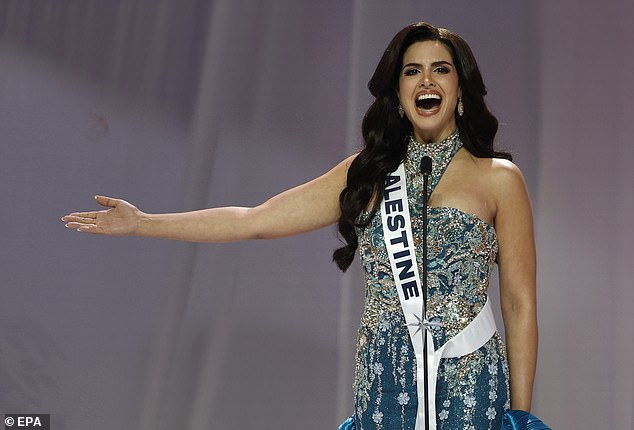 Miss Palestine Nadeen Ayoub presents on stage during the official Miss Universe 2025 welcome event in Bangkok, Thailand, November 5, 2025