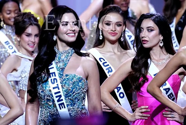 Users on social media were quick to criticise Shiraz, right, for what appeared to be her casting a 'dirty look' at the Miss Palestine contestant, left