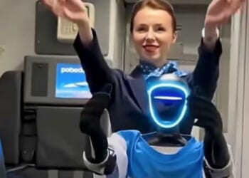 Watch humanoid robot AIR STEWARD greets passengers and gives safety demo on packed flight in eerie vision of the future