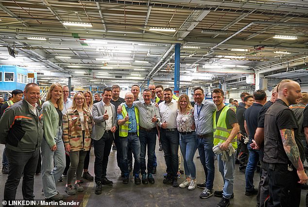 Ford Europe's General Manager, Martin Sander, on 6 July 2023 shared this snap of him with workers on the Fiesta production line in Cologne the day before assembly of the small hatchback ended