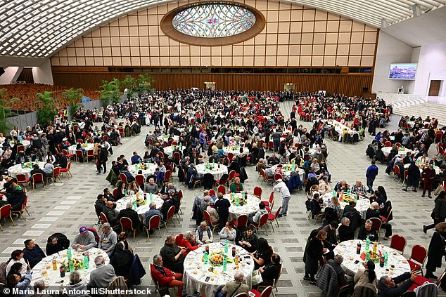 Pope Leo XIV attends a lunch with the poor on the occasion of the Jubilee of the Poor and the 9th World Day of the Poor inside the Paul VI Hall, Vatican City, on Sunday