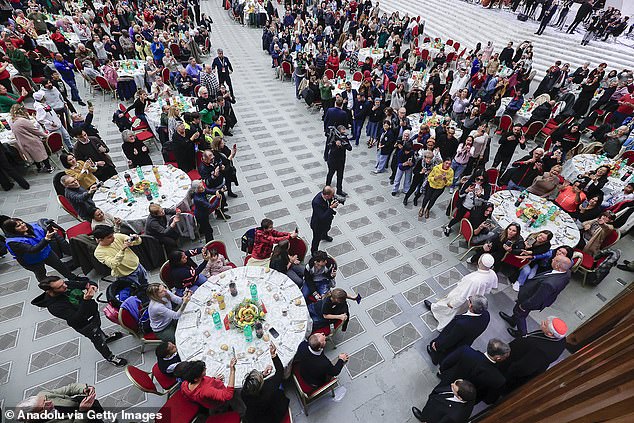 Pope Leo XIV is seen arriving for a lunch on the occasion of the Jubilee of the Poor in the Paul VI hall at the Vatican