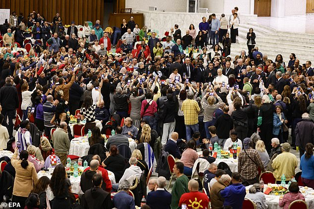 Pope Leo XIV is seen attending a lunch with the poor on the occasion of the Jubilee of the Poor and the 9th World Day of the Poor inside the Paul VI Hall, Vatican City