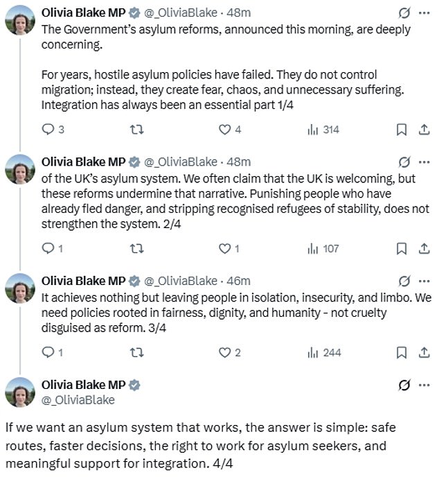 Olivia Blake, Labour MP for Sheffield Hallam, branded Ms Mahmood's asylum reforms as 'deeply concerning'