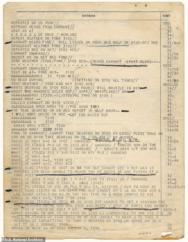 Pictured is some of the last communications of Earhart before she vanished