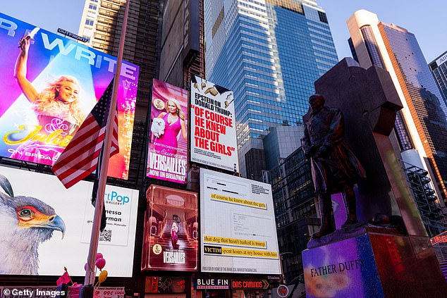 NEW YORK, NEW YORK - NOVEMBER 17: A billboard in Times Square, by the group Home of the Brave, highlights Jeffrey Epstein's comment about Donald Trump that "of course he knew about the girls.", on November 17, 2025 in New York City. President Donald Trump has now called on House Republicans to vote to release files related to Jeffrey Epstein. (Photo by Adam Gray/Getty Images)