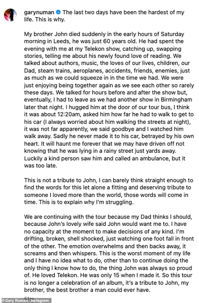 He wrote: My brother John died suddenly in the early hours of Saturday morning in Leeds, he was just 60 years old'