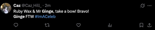 Fans loved the double act as they penned on X: 'nah why is Ruby Wax and Angry Ginge the most unlikely duo I needed in life #ImACeleb #imacelebrity'