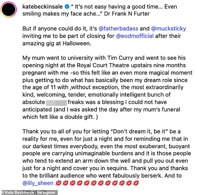 Kate captioned the post: 'My mum went to university with Tim Curry and went to see his opening night at the Royal Court Theatre upstairs nine months pregnant with me,'