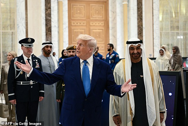 Trump and his counterpart Sheikh Mohamed bin Zayed Al Nahyan arrive at Qasr Al-Watan (Palace of the Nation) in Abu Dhabi on May 15