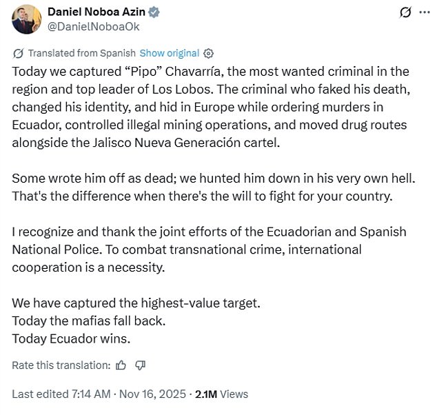 He praised Chavarria's arrest in a post on X even as he suffered a defeat on a referendum in his own country