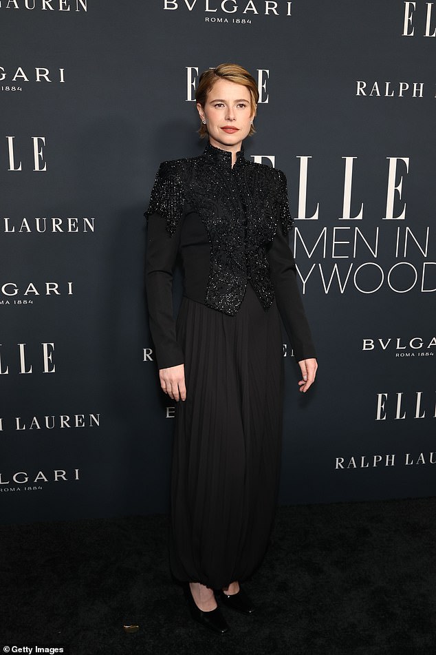 Irish actress Jessie Buckley, 35, looked sophisticated in a sparkling blazer with structured shoulders and a matching black skirt
