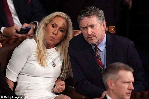 Republicans including Reps Marjorie Taylor Greene (left) and Thomas Massie (right) have broken with Trump in recent weeks to demand the release of the Epstein files