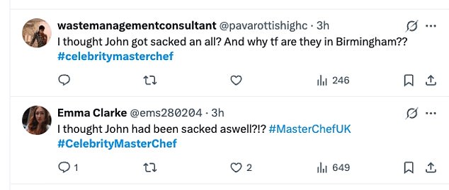 They said: 'I thought John had been sacked as well?!?!': 'I thought John got sacked an all? And why tf are they in Birmingham?!:' Torode?'