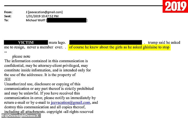 In another email from Epstein in January 2019, the convicted sex offender refers to his expulsion from Trump's Mar -a-Lago Club