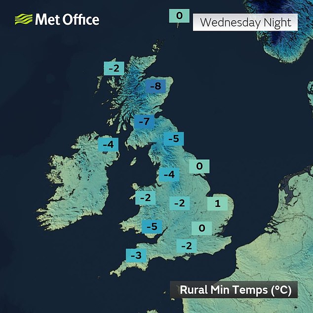 By Wednesday night temperatures are expected to hit freezing across almost the entire country