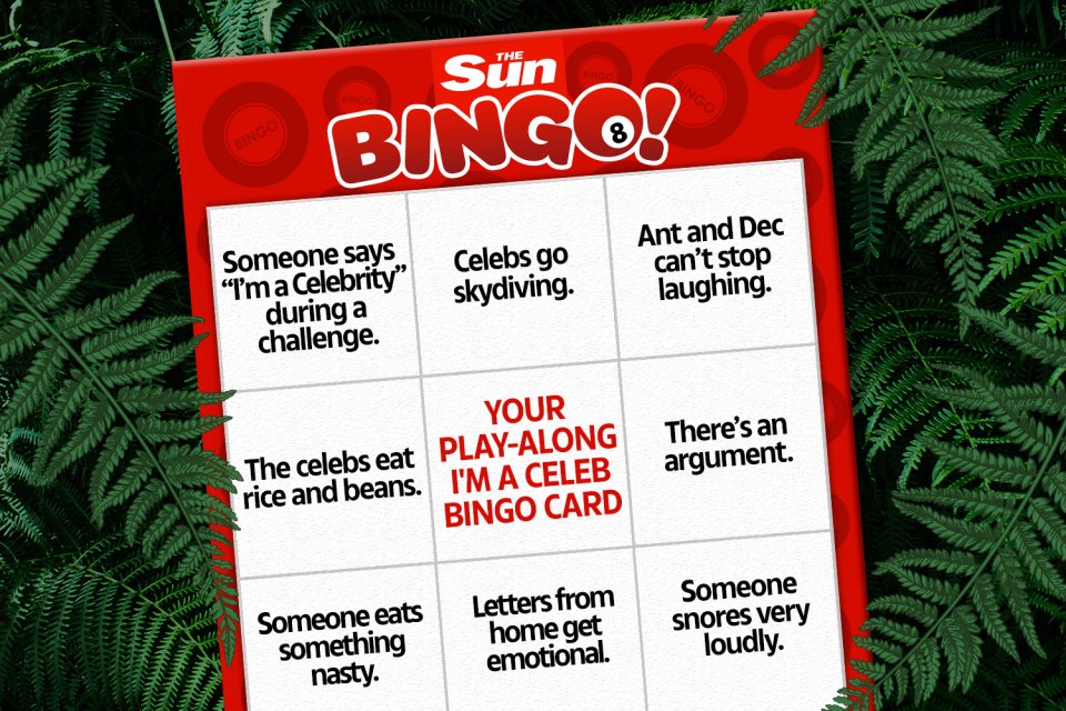 Illustration of a red bingo card for "I'm a Celeb" with nine squares.