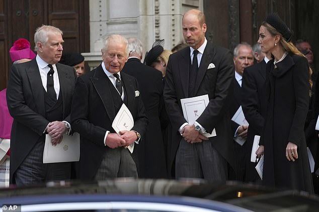 The King won't be happy about his riding session and nor will William and Kate, a source has said (pictured together after the Requiem Mass service for the Duchess of Kent at Westminster Cathedral on September 16)