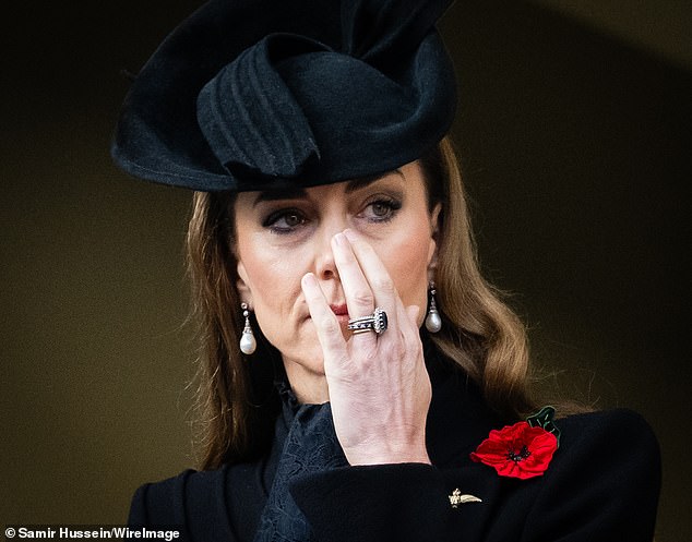 Kate also appeared to be wearing the ring stack as she attended Remembrance events last weekend