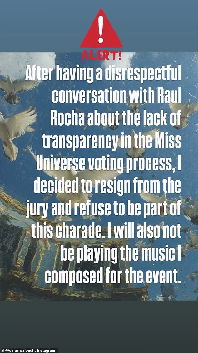 The Lebanese composer said he had resigned following a 'disrespectful conversation' with Miss Universe owner Raúl Rocha