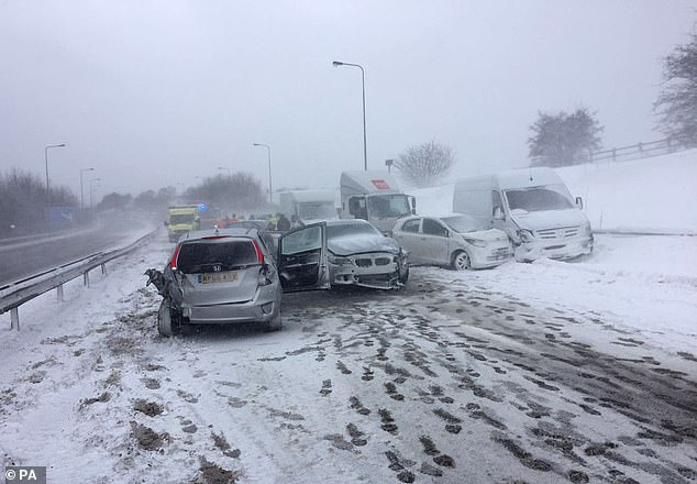 An accident on the M66 in Manchester involving 16 vehicles during the Beast from the East