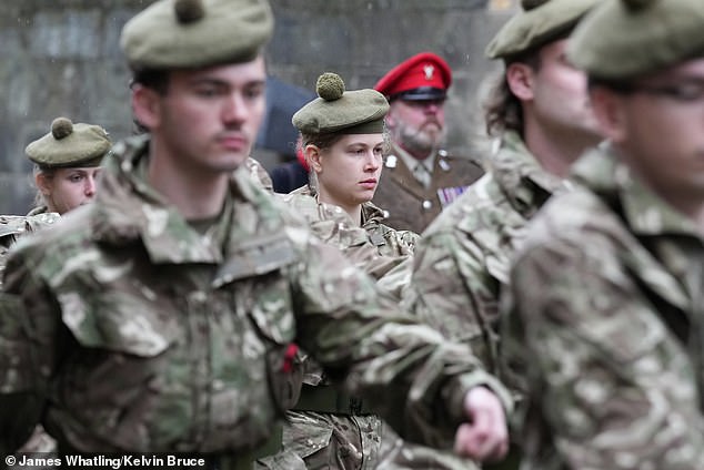 'It was a very sombre affair,' a source told HELLO! Magazine of the occasion. 'Lady Louise's serious demeanour reflects the sombre nature of the procession