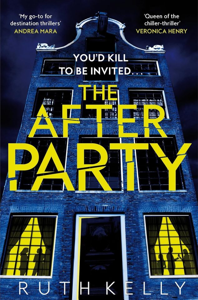 Book cover for "The After Party" by Ruth Kelly, featuring a dark blue brick building with yellow illuminated windows showing silhouettes of people.