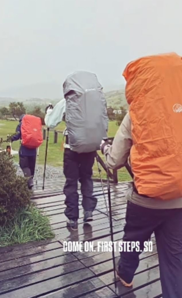 Victoria shared footage of her and the other trekkers crossing raging rivers under drizzle and grey skies