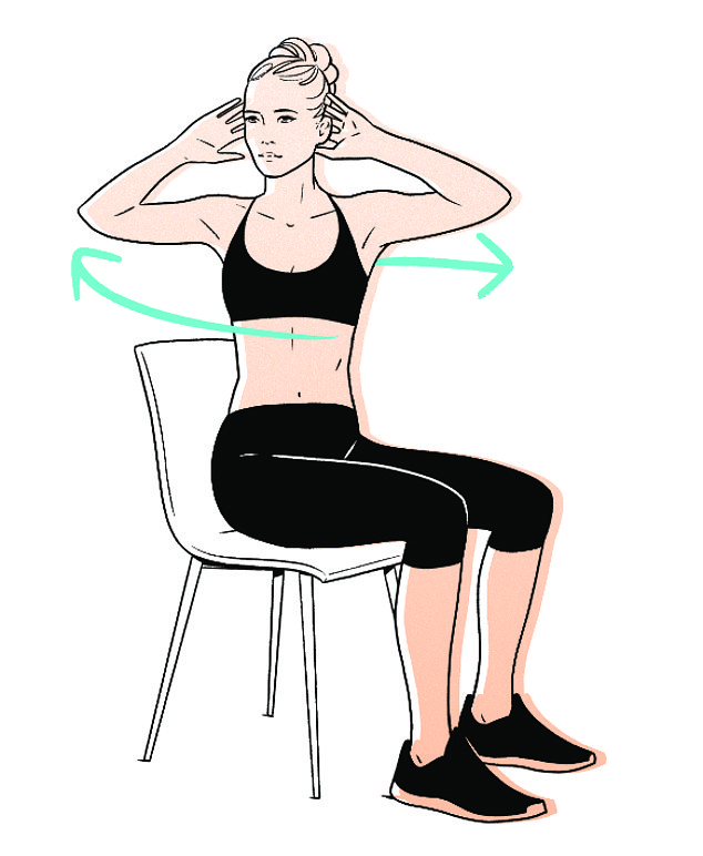 MINUTE 2: TUMMY TWISTER. Place your fingertips on your temples, your elbows wide and in line with your shoulders. Now twist to the right from the waist, so your right elbow reaches behind you. Change sides and keeping belly button pulled in, alternate side twists for 60 seconds