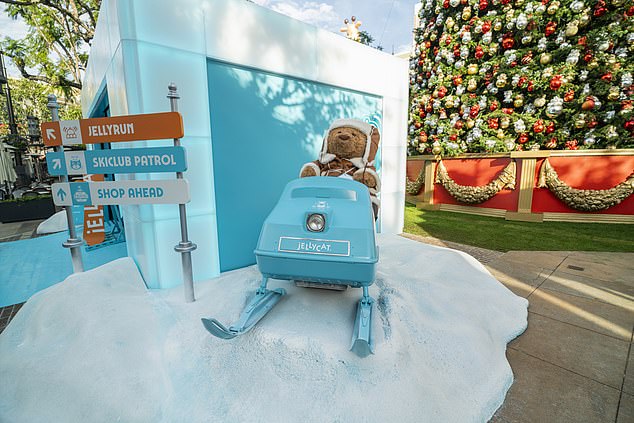An alpine Bartholomew Bear sits in a skimobile at the Jellycat pop-up shop in Los Angeles