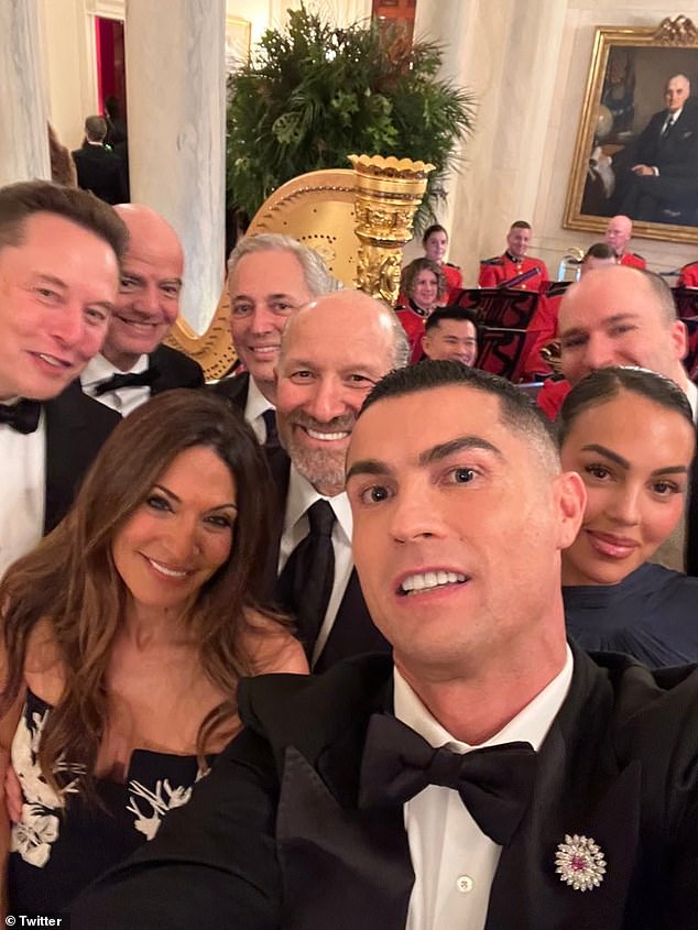 Cristiano Ronaldo took a selfie from a White House dinner hosted by Donald Trump - left to right: Elon Musk, Gianni Infantino, David Sacks, Allison Lutnick, Howard Lutnick, Ronaldo, Georgina Rodriguez, Greg Brockman