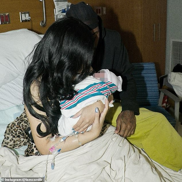 In one of the photos, the doting parents curled up on the hospital bed as they got to know their newborn child