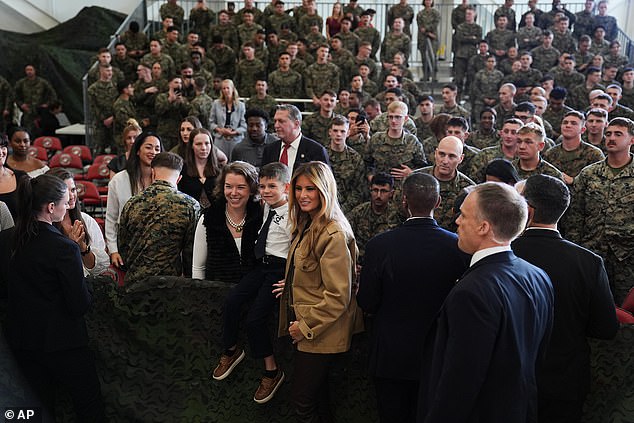 First lady Melania Trump meets with Marines and their families at the Mega Hangar at the Marine Corps Air Station New River in Jacksonville, N.C., Wednesday