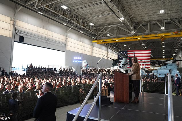 First lady Melania Trump speaks at the Mega Hangar at the Marine Corps Air Station New River in Jacksonville, N.C., Wednesday