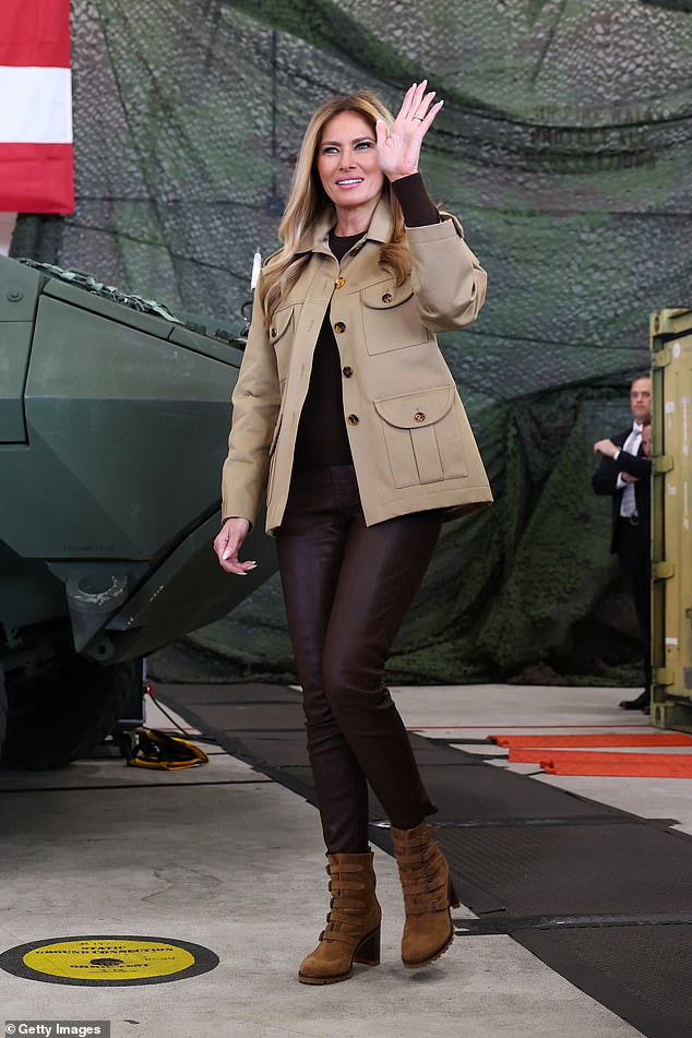 First lady Melania Trump arrives to speak to military personnel and their families during a visit to MV-22 Mega Hangar on Marine Corps Air Station New River on November 19, 2025 in Jacksonville, North Carolina