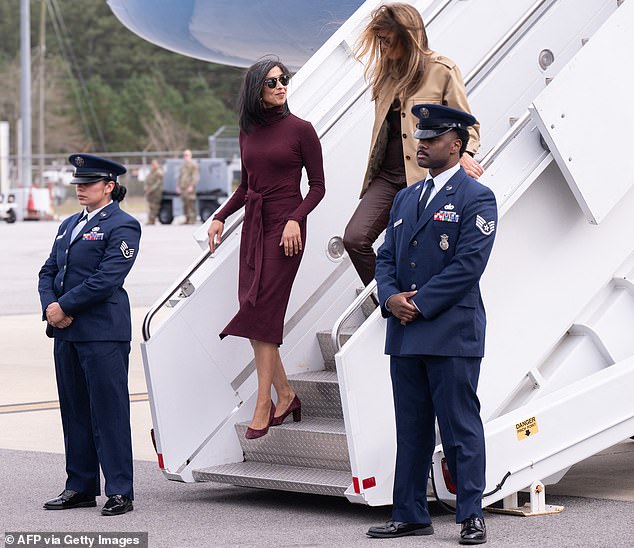 First Lady Melania Trump and Second Lady Usha Vance looked ready to embrace the Fall weather as they arrived to Camp Lejeune in North Carolina to visit service members and their families ahead of Thanksgiving