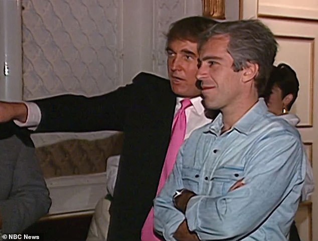 Donald Trump and Jeffrey Epstein chat at a social event in a still from an NBC News video from the early 2000s
