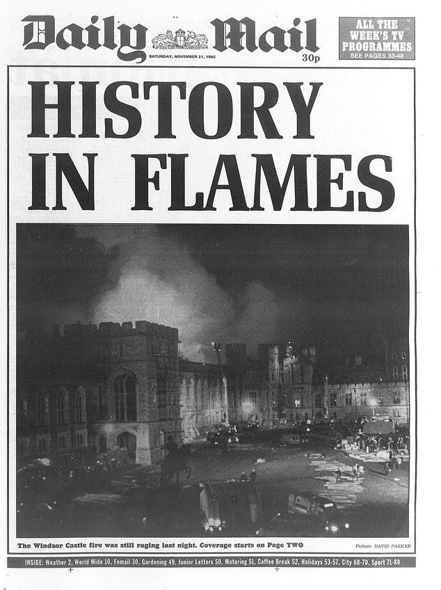 According to the Palace's report on the fire, approximately 370 people helped to carry save items, including 125 castle employees and community members. The cause of the blaze was believed to have been a faulty spotlight. Pictured: the Daily Mail's report on the fire at the time
