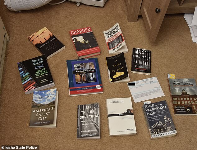Evidence photos show multiple books from Kohberger's criminology studies inside his apartment at WSU