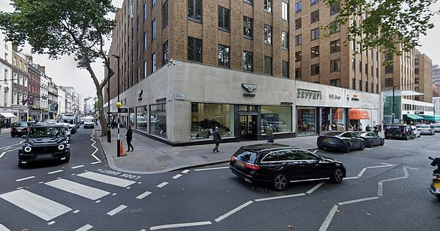 Mr Haddad claims the car dealer - the UK's oldest Bentley dealership - negligently failed to ensure its location was monitored by a registered electronic tracker if stolen. Pictured: The dealership in Mayfair