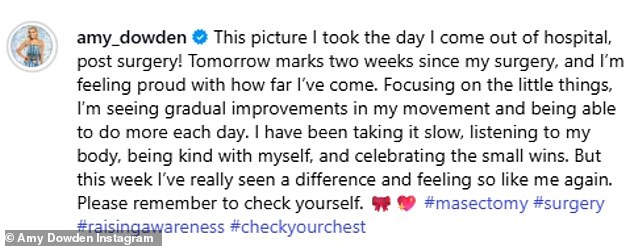 Amy wrote: 'This picture I took the day I come out of hospital, post surgery! Tomorrow marks two weeks since my surgery, and I’m feeling proud with how far I’ve come'