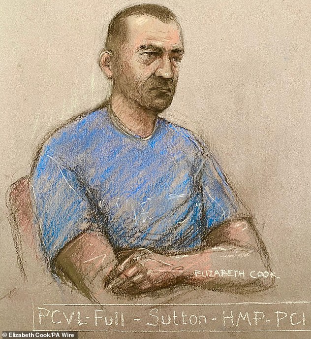 A court sketch of Carrick during his trial