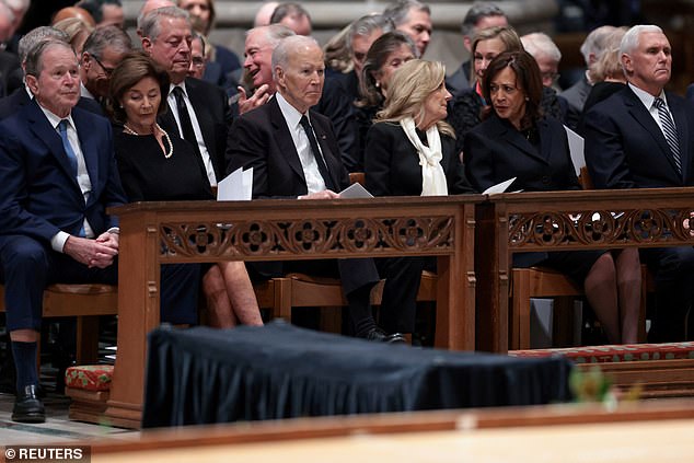 Protocol dictates seating arrangements with (from left) former President George W. Bush, First Lady Laura Bush, President Joe Biden, First Lady Jill Biden, Vice President Kamala Harris and Vice President Mike Pence seated front row
