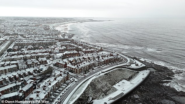 Snowy conditions at Cullercoats in North Tyneside today as the wintry weather continues