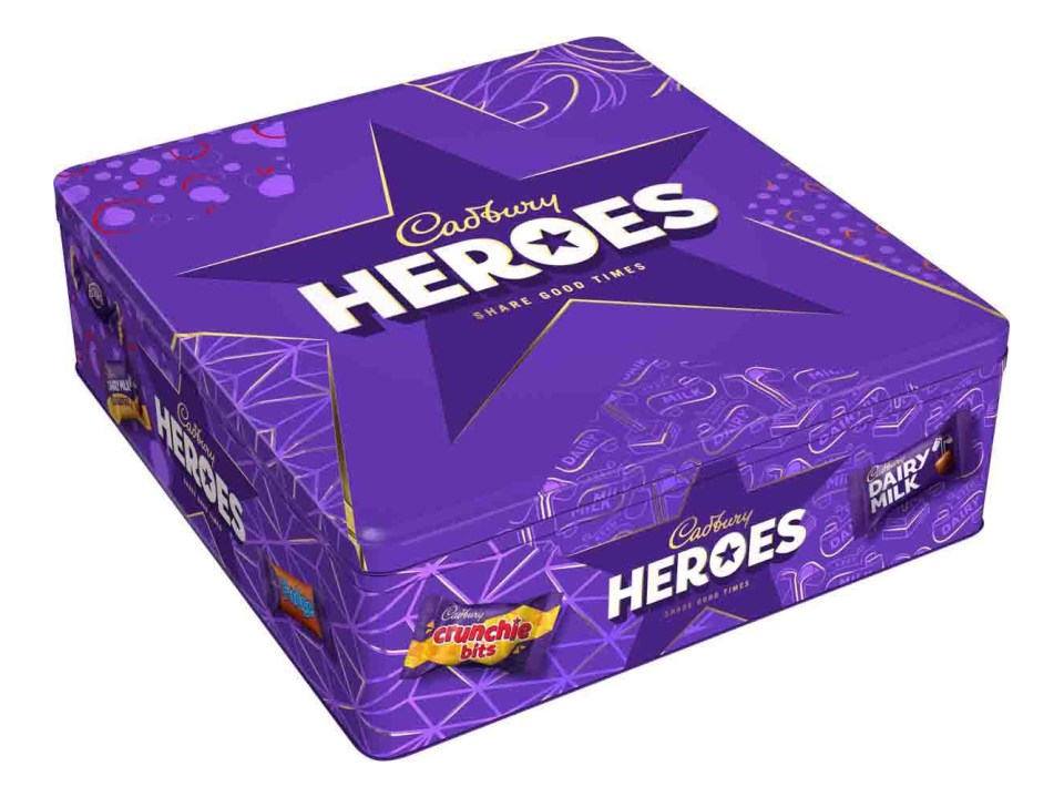 Purple Cadbury Heroes chocolate tin.