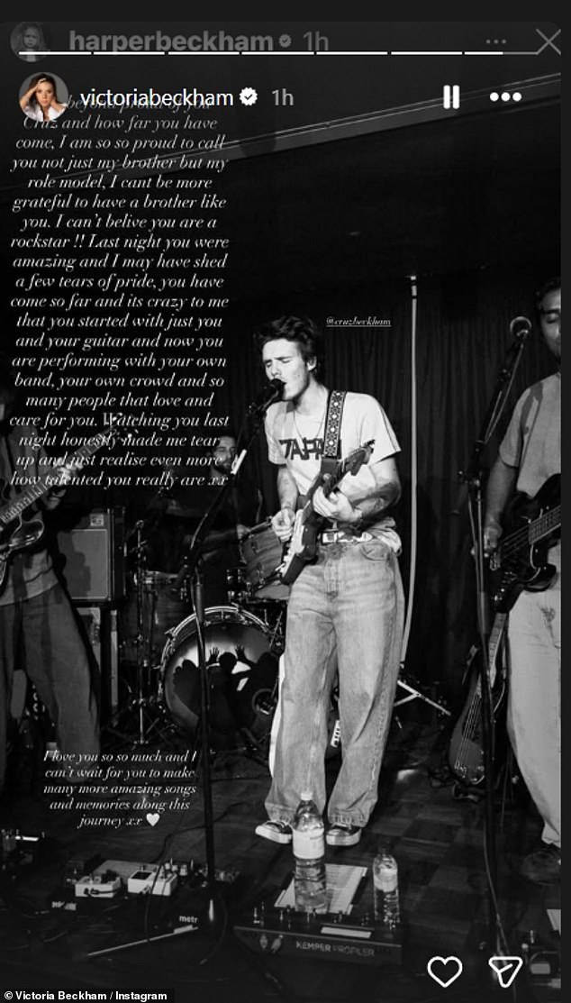 Victoria also proudly shared a gushing tribute from Harper, who reflected on his music journey - from practicing with his guitar to having his own band