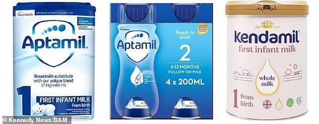 It also includes Aptamil First Infant Milk Powder (800g), Aptamil Follow-On Milk (4x200ml) and Kendamil Infant Milk (800g) [pictured]