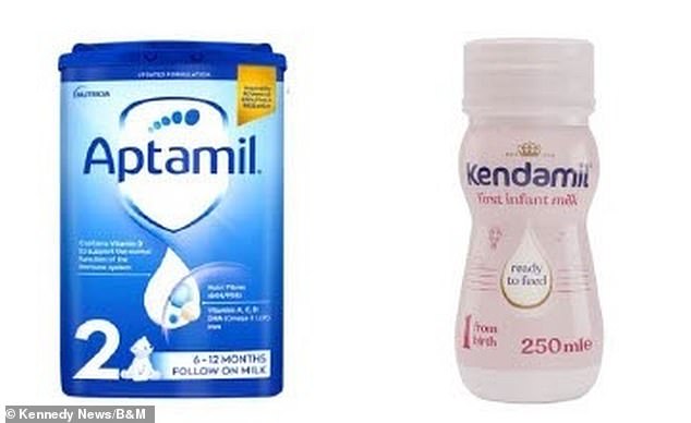 The recall includes Aptamil Follow-On Milk (700g) and Kendamil First Milk (250ml) [pictured]