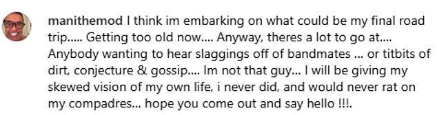 Mani shared his final social media post on November 13, advertising The Stone Roses, Primal Scream, and Me: An Intimate Evening with Gary 'Mani Moundifled'