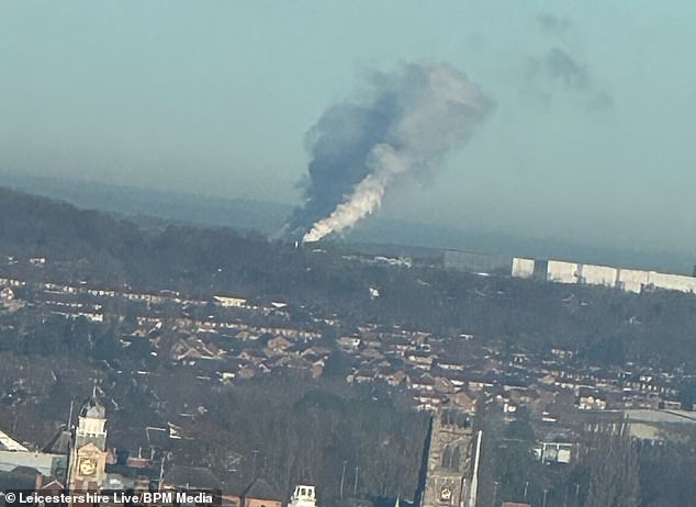 Black smoke is spotted miles away from the scene in in Ashby-de-la Zouch this morning